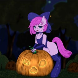 Size: 3000x3000 | Tagged: safe, artist:evlass, oc, oc only, anthro, clothes, commission, costume, cute, halloween, halloween costume, hat, high res, pumpkin, smiling, solo, witch hat, ych sketch, your character here
