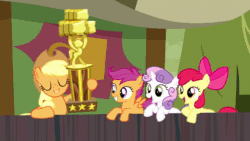 Size: 1920x1080 | Tagged: safe, screencap, apple bloom, applejack, scootaloo, sweetie belle, earth pony, pegasus, pony, unicorn, appleoosa's most wanted, g4, animated, cutie mark crusaders, female, mare, sound, trophy, webm