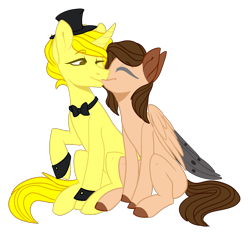 Size: 1915x1827 | Tagged: safe, artist:helemaranth, oc, oc only, pegasus, pony, unicorn, bowtie, colored hooves, cuffs (clothes), eyes closed, hat, horn, oc x oc, one eye closed, pegasus oc, shipping, simple background, top hat, transparent background, two toned wings, unicorn oc, wings, wink
