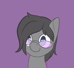 Size: 1300x1200 | Tagged: safe, artist:inkynotebook, part of a set, oc, oc only, oc:grey scale, earth pony, pony, bust, commission, earth pony oc, glasses, purple background, simple background, smiling, solo, ych result