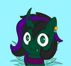 Size: 1300x1200 | Tagged: safe, artist:inkynotebook, part of a set, oc, oc only, changeling, changeling queen, pony, bust, changeling queen oc, choker, commission, ear piercing, earring, green changeling, jewelry, piercing, signature, simple background, smiling, solo, ych result