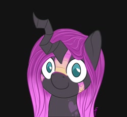 Size: 1300x1200 | Tagged: safe, artist:inkynotebook, part of a set, oc, oc only, changeling, changeling queen, pony, black background, bust, changeling queen oc, commission, purple changeling, signature, simple background, smiling, solo, ych result