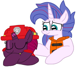 Size: 1098x978 | Tagged: safe, artist:徐詩珮, fizzlepop berrytwist, tempest shadow, oc, oc:aurora (tempest's mother), series:sprglitemplight diary, series:sprglitemplight life jacket days, series:springshadowdrops diary, series:springshadowdrops life jacket days, g4, alternate universe, clothes, eyes closed, female, lifejacket, marshall (paw patrol), mother and child, mother and daughter, nap, paw patrol, simple background, sleeping, transparent background