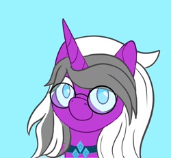 Size: 1300x1200 | Tagged: safe, artist:inkynotebook, part of a set, oc, oc only, pony, unicorn, blue background, bust, choker, commission, glasses, horn, signature, simple background, smiling, solo, unicorn oc, ych result