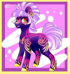 Size: 1280x1351 | Tagged: safe, artist:inkynotebook, oc, oc only, earth pony, pony, abstract background, earth pony oc, hoof polish, signature, smiling, solo, tattoo