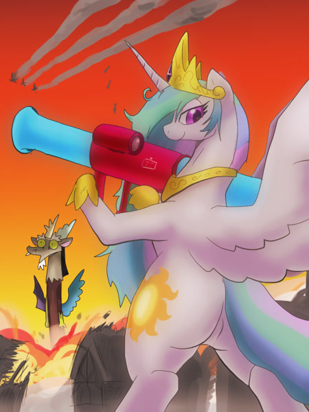 Size: 600x800 | Tagged: safe, artist:kushina13, discord, princess celestia, alicorn, pony, bipedal, butt, crown, explosion, eyestrain warning, featured image, featureless crotch, female, fire, jewelry, looking at you, looking back, mare, missile, plot, pog, praise the sun, regalia, rocket launcher, sunbutt