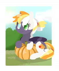 Size: 1280x1558 | Tagged: safe, artist:sandieapple, oc, oc only, oc:apple harvest, earth pony, pony, cute, female, filly, heterochromia, magical lesbian spawn, offspring, parent:applejack, parent:inky rose, parents:inkyjack, pumpkin, solo