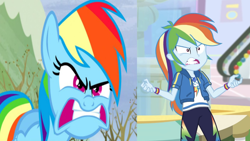 Size: 1920x1080 | Tagged: safe, edit, screencap, rainbow dash, pegasus, pony, dashing through the mall, equestria girls, equestria girls specials, g4, my little pony equestria girls: better together, my little pony equestria girls: holidays unwrapped, tanks for the memories, angry, argument, comparison, do i look angry, female, geode of super speed, gritted teeth, gums, magical geodes, rage, ragebow dash, self paradox, self ponidox, shrunken pupils