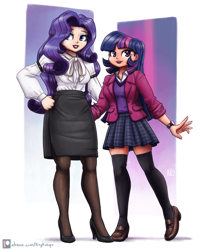 Size: 1806x2250 | Tagged: safe, artist:king-kakapo, rarity, twilight sparkle, human, g4, clothes, duo, female, humanized, open mouth, shoes, skirt, stockings, thigh highs