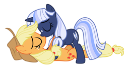 Size: 10844x5725 | Tagged: safe, artist:estories, applejack, oc, oc:silverlay, original species, umbra pony, g4, applejack's hat, canon x oc, cowboy hat, duo, eyes closed, female, hat, kiss on the lips, kissing, lesbian, lying down, mare, on back, shipping, silverjack, simple background, transparent background, vector