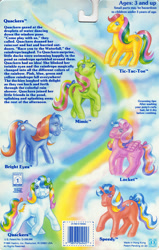 Size: 709x1117 | Tagged: safe, photographer:breyer600, bright eyes (twinkle eyed pony), locket (g1), mimic (g1), quackers, speedy, tic tac toe (g1), twinkle eyed pony, g1, official, backcard, backcard story, barcode, blushing, bow, story, tail bow, text