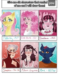 Size: 1080x1350 | Tagged: safe, artist:knellbelles, fluttershy, cat, gem (race), human, pegasus, pony, vampire, anthro, g4, anthro with ponies, bust, crossover, danganronpa, danganronpa 2, disguise, disguised diamond, dracula, draculaura, ear piercing, eyelashes, female, mae borowski, mare, mikan tsumiki, monster high, night in the woods, piercing, rose quartz (steven universe), scorpia, she-ra and the princesses of power, six fanarts, smiling, steven universe