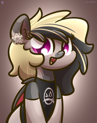 Size: 2560x3250 | Tagged: safe, artist:php142, oc, oc only, bat pony, pony, clothes, commission, cute, cute little fangs, ear piercing, earring, fangs, female, gradient background, high res, jewelry, looking at you, mare, piercing, solo