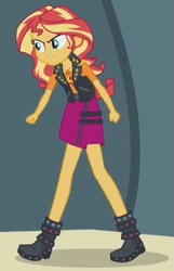 Size: 373x579 | Tagged: safe, screencap, sunset shimmer, equestria girls, equestria girls series, g4, rarity investigates: the case of the bedazzled boot, boots, clenched fist, clothes, cropped, cutie mark on clothes, female, geode of empathy, glare, jewelry, leather, leather boots, leather vest, magical geodes, necklace, shoes, shoulderless shirt, skirt, solo, spikes, teeth, vest, walking