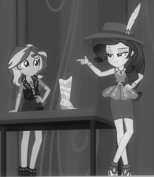 Size: 474x544 | Tagged: safe, screencap, rarity, sunset shimmer, equestria girls, g4, my little pony equestria girls: better together, rarity investigates: the case of the bedazzled boot, black and white, female, geode of empathy, geode of shielding, grayscale, magical geodes, monochrome, rarity peplum dress