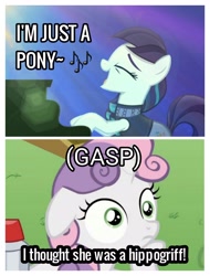 Size: 2522x3326 | Tagged: safe, edit, edited screencap, screencap, coloratura, sweetie belle, g4, ponyville confidential, the mane attraction, high res, image macro, meme, sarcasm, sudden clarity sweetie belle, sweetiedumb