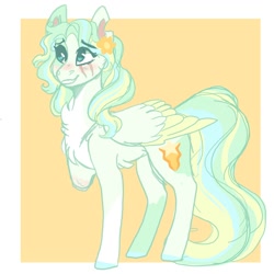 Size: 2000x2000 | Tagged: safe, artist:scarletskitty12, vapor trail, pegasus, pony, g4, alternate hairstyle, amputee, blushing, chest fluff, cut, cute, eye scar, female, flower, flower in hair, grin, headcanon, headcanon in the description, high res, mare, markings, redesign, scar, smiling, solo, vaporbetes