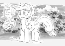 Size: 931x658 | Tagged: safe, artist:epicsubterfuge, applejack, earth pony, pony, g4, cowboy hat, cutie mark, dialogue, digital art, female, freckles, hat, mare, monochrome, mouth hold, solo, speech bubble, tail, text