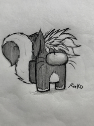 Size: 617x823 | Tagged: safe, artist:reekosukanku, oc, oc only, oc:reeko, skunk, among us, barely pony related, black and white, crewmate (among us), crewsona, fanart, grayscale, monochrome, pencil drawing, skunk tail, traditional art