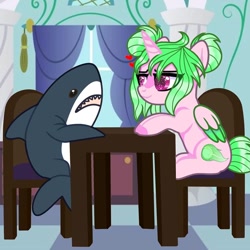 Size: 1080x1080 | Tagged: safe, artist:lacey.wonder, oc, oc only, alicorn, pony, shark, alicorn oc, blåhaj, chair, colored hooves, heart, horn, indoors, plushie, shark plushie, sitting, solo, starry eyes, two toned wings, wingding eyes, wings