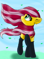 Size: 312x416 | Tagged: safe, oc, oc:cutie roses, pegasus, pony, black socks, blue sky, clothes, grass, grass field, green eyes, leaf, long mane, looking up, mare, pegasus oc, pink mane, small mare, socks, wind