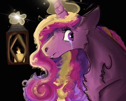 Size: 1080x860 | Tagged: safe, artist:glitterandloveartxo, princess cadance, alicorn, pony, g4, black background, chest fluff, crying, female, glowing horn, horn, lantern, magic, mare, simple background, solo, telekinesis