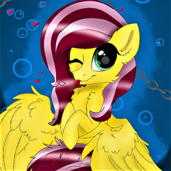 Size: 512x512 | Tagged: safe, oc, oc:cutie roses, pegasus, pony, :p, blue background, bubble, bust, chest fluff, female, green eyes, heart, looking at you, mare, one eye closed, pegasus oc, pink mane, simple background, small mare, smiling, tongue out, wings, wink