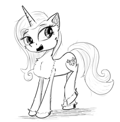 Size: 868x886 | Tagged: safe, artist:chopsticks, fleur-de-lis, pony, unicorn, g4, cheek fluff, chest fluff, female, mare, monochrome, sketch, solo, unshorn fetlocks