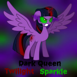Size: 2449x2449 | Tagged: safe, artist:shad0w-galaxy, twilight sparkle, alicorn, pony, g4, black text, color change, colored horn, colored text, corrupted, corrupted twilight sparkle, curved horn, dark, dark equestria, dark magic, dark queen, dark twilight, dark twilight sparkle, dark world, darkened coat, darkened hair, darklight, darklight sparkle, evil twilight, female, glowing horn, green text, high res, horn, magic, paint tool sai, possessed, queen of shadows, queen twilight, queen twilight sparkle, red text, solo, sombra empire, sombra eyes, sombra horn, twilight is anakin, twilight sparkle (alicorn), tyrant sparkle