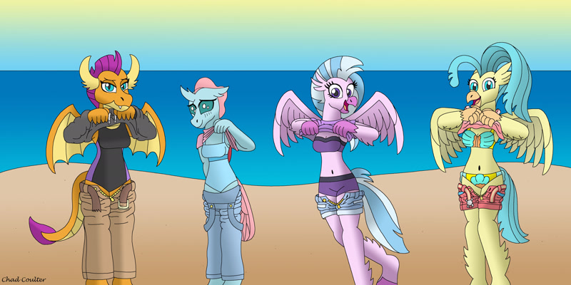 2452541 - safe, artist:baroquewolfe, princess skystar, smolder, changeling, classical hippogriff, dragon, hippogriff, anthro, unguligrade anthro, my little pony: the movie, bikini, clothes, one-piece swimsuit, pants ...