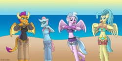 Size: 4889x2445 | Tagged: safe, artist:baroquewolfe, ocellus, princess skystar, silverstream, smolder, changedling, changeling, classical hippogriff, dragon, hippogriff, anthro, unguligrade anthro, g4, my little pony: the movie, bikini, clothes, one-piece swimsuit, pants, shorts, swimsuit