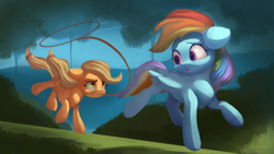 Size: 4038x2271 | Tagged: safe, artist:auroriia, applejack, rainbow dash, earth pony, pegasus, pony, fall weather friends, g4, duo, duo female, female, folded wings, lasso, mare, mouth hold, palindrome get, rope, running of the leaves, scene interpretation, slender, thin, wings