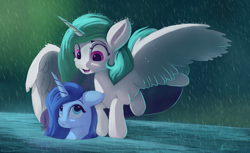 Size: 4400x2700 | Tagged: safe, artist:auroriia, princess celestia, princess luna, alicorn, pony, g4, duo, duo female, female, flying, horn, open mouth, outdoors, partially submerged, rain, royal sisters, siblings, sisters, spread wings, water, wings