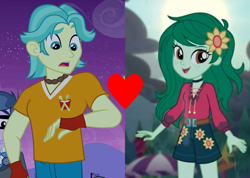Size: 1238x882 | Tagged: safe, edit, edited screencap, screencap, brawly beats, wallflower blush, equestria girls, g4, let it rain, my little pony equestria girls, my little pony equestria girls: better together, brawlyblush, clothes, crack shipping, cropped, cute, female, flower, flower in hair, flowerbetes, freckles, heart, looking at you, male, music festival outfit, shipping, shipping domino, shorts, smiling, straight
