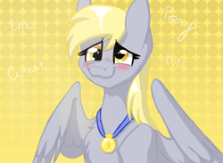 Size: 3000x2200 | Tagged: safe, artist:karathepony, derpy hooves, pegasus, pony, g4, abstract background, blushing, bust, female, high res, mare, medal, portrait, smiling, solo, spread wings, three quarter view, wings