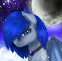 Size: 960x941 | Tagged: safe, artist:aline, oc, oc only, oc:stelkhavolk, bat pony, pony, cute, fangs, jewelry, lidded eyes, looking at you, male, moon, necklace, space, stallion, stars