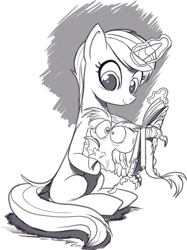 Size: 497x665 | Tagged: safe, artist:nauyaco, discord, oc, oc:kimi, pony, unicorn, g4, book, female, grayscale, magic, mare, monochrome, objectification