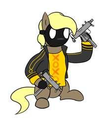 Size: 1722x1911 | Tagged: safe, artist:luxqsd, derpibooru exclusive, oc, oc only, oc:perseus, earth pony, pony, clothes, dual wield, gun, male, mask, my friend pedro, shirt, simple background, solo, stallion, uzi, weapon, white background