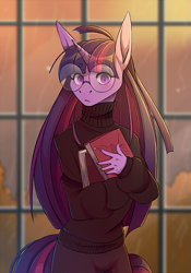 Size: 1721x2464 | Tagged: safe, artist:1an1, twilight sparkle, unicorn, anthro, g4, adorasexy, adorkable, adorkasexy, blushing, book, clothes, cute, dork, eye clipping through hair, eyebrows, eyebrows visible through hair, eyelashes, female, glasses, looking at you, meganekko, nerd, round glasses, sexy, solo, sparkly eyes, sweater, turtleneck, twiabetes, wingding eyes