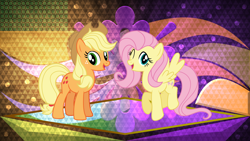 Size: 5760x3240 | Tagged: safe, artist:alandssparkle, artist:laszlvfx, edit, applejack, fluttershy, pony, g4, g4.5, my little pony: pony life, absurd file size, absurd resolution, alternate hairstyle, apple, cowboy hat, duo, duo female, female, food, g4.5 to g4, hat, looking at you, one eye closed, open mouth, smiling, smiling at you, vector, wallpaper, wallpaper edit, wink, winking at you