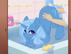 Size: 2571x1950 | Tagged: source needed, useless source url, safe, artist:evlass, trixie, human, pony, unicorn, fanfic:первопроходец, bathing, face down ass up, faceless male, fanfic art, female, looking at you, male, mare, offscreen character, water