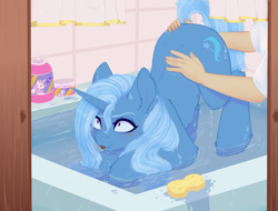 Size: 2571x1950 | Tagged: source needed, safe, alternate version, artist:evlass, trixie, human, pony, unicorn, fanfic:первопроходец, g4, ass up, bathing, blushing, butt, butt touch, face down ass up, faceless male, fanfic art, female, hand on butt, male, mare, offscreen character, plot, shrunken pupils, tongue out, water