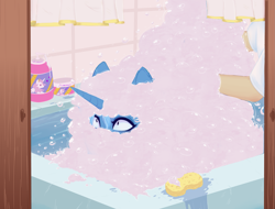 Size: 2571x1950 | Tagged: source needed, safe, alternate version, artist:evlass, trixie, human, pony, unicorn, fanfic:первопроходец, g4, bath, bathing, bubble, face down ass up, faceless male, fanfic art, female, male, mare, offscreen character, open mouth, shampoo, water