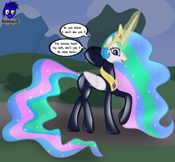 Size: 4154x3840 | Tagged: safe, artist:damlanil, princess celestia, alicorn, pony, g4, bodysuit, breaking the fourth wall, bush, catsuit, clothes, cloud, crown, ethereal mane, female, fourth wall, glowing horn, hoof shoes, horn, jewelry, latex, latex suit, looking at you, magic, mare, mountain, necklace, regalia, rubber, shiny, shoes, show accurate, solo, suit, tree, vector, wings