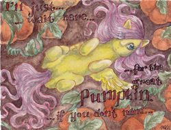 Size: 1287x979 | Tagged: safe, artist:shaiyeh, fluttershy, pony, g4, charlie brown, cute, female, great pumpkin, hair over one eye, halloween, holiday, horses doing horse things, legs in air, lying down, on back, peanuts, pumpkin, shyabetes, solo