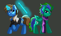 Size: 2241x1336 | Tagged: safe, artist:cottonsweets, oc, oc only, oc:gale twister, pegasus, pony, unicorn, clothes, scarf, sword, weapon