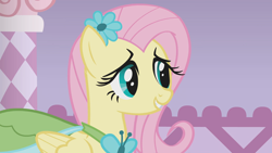 Size: 1920x1080 | Tagged: safe, screencap, fluttershy, pony, g4, suited for success, clothes, dress, female, flower, flower in hair, gala dress, mare, solo