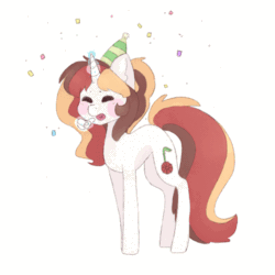 Size: 500x500 | Tagged: safe, artist:bubblegum, oc, oc only, oc:scarlet serenade, pony, unicorn, animated, blushing, celebration, confetti, cute, female, gif, happy, hat, mare, ocbetes, party, party hat, party horn, solo