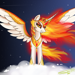 Size: 4000x4000 | Tagged: safe, artist:ser-p, daybreaker, alicorn, pony, g4, absurd resolution, cloud, female, grin, mare, on a cloud, signature, smiling, solo, spread wings, standing on a cloud, wings