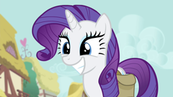 Size: 1280x720 | Tagged: safe, screencap, rarity, pony, unicorn, g4, inspiration manifestation, bag, big grin, female, grin, mare, saddle bag, smiling, solo